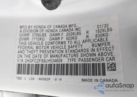 2020 Honda Civic Sport из США, поврежденный, VIN 2HGFC2F89LH534609